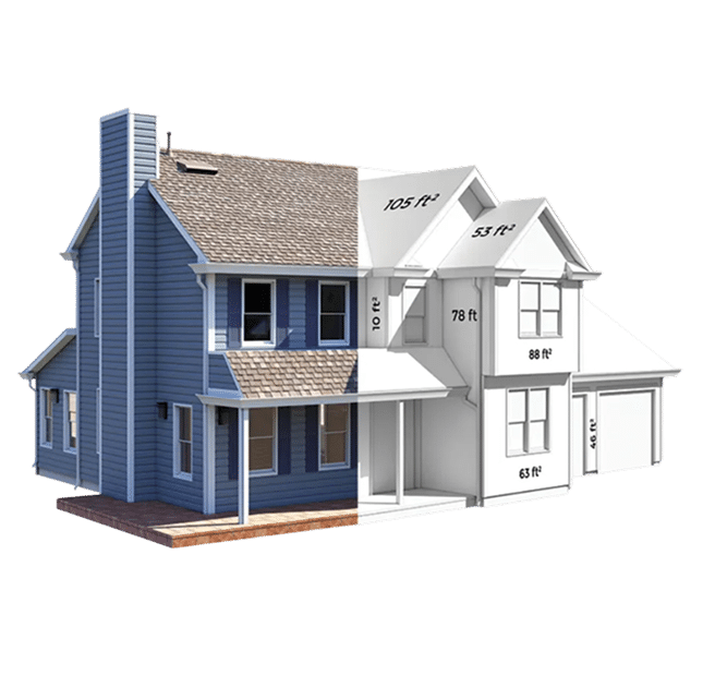 A digital rendering shows a two-story house, split down the middle to reveal both a fully textured exterior on the left and a wireframe model with dimensional labels on the right.