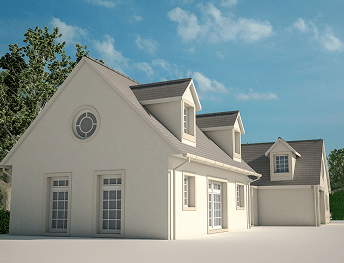 White house with a gray shingle roof and multi-paned windows